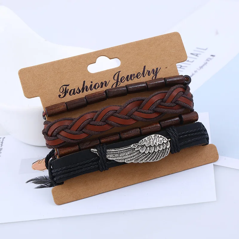 LE SKY модный кожаный браслет с металлическим крылом для мужчин многослойный Плетеный браслет панк браслеты для женщин мужские ювелирные изделия