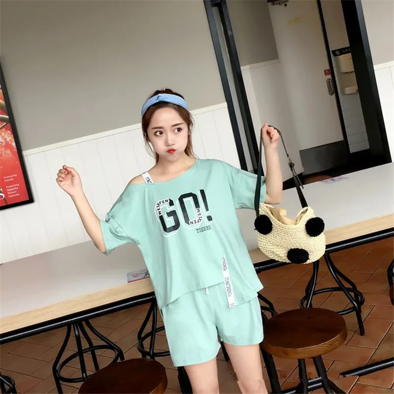 Women Pajamas Sets Short-Sleeve Letter Print Shirt And Solid Waist Shorts Pajama Set Summer Bare Shoulder Homewear Sleepwear | Женская