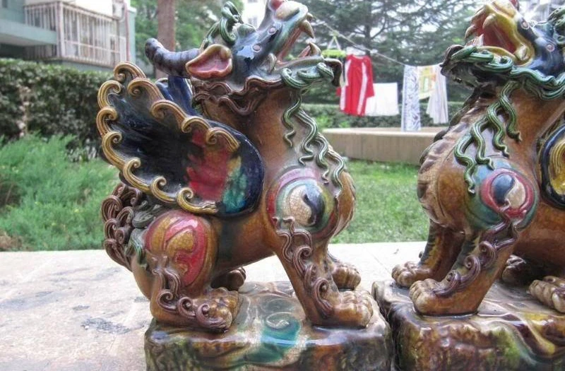 

8"Chinese Folk Wu Cai porcelain kylin beast Foo Dog Fu Lion Pair