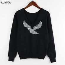 S-XL 2017 Spring New Fashion Women Sweaters Full Sleeve V-Neck Beaded Eagle Diamond Pullovers Computer Knitted Pageant