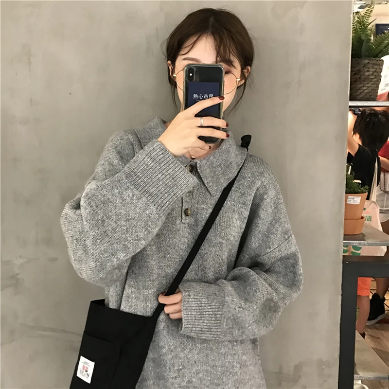 

Autumn Winter Preppy Style Thick Sweaters Women Casual Loose Turn-down Collar Retro Knitted Pullover Female Harajuku Warm Jumper
