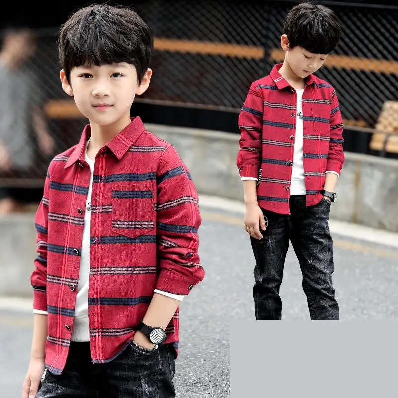 

2020 Cotton Long Sleeve Turn-down Collar Children Clothing Kids Clothes Boys Plaid Shirts Blusa Chemise Garcon Teenage Boy Shirt
