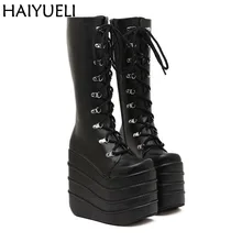 Женские ботинки; цвет белый, черный; ботинки для костюмированной вечеринки; сапоги до колена на танкетке с квадратным носком из искусственной кожи; женская обувь на высоком каблуке 16 см