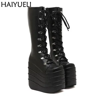 Womans Boots White/Black Cosplay Boots Square Toe Wedges Platform Pu Leather Knee High Boots Women Shoes High Heel 16cm woman genuine leather platform square heel knee high boots round toe side zipper dress winter boots black