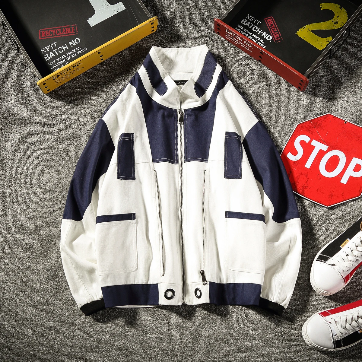

Fashion Casual Men's Jacket Spring And Autumn New M-5XL Large Size Stitching Loose Shirt Jacket White Personality Youth Popular
