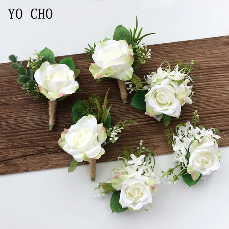 

YO CHO Wedding Planner Roses Artificial Silk Flower Wrist Corsage Bracelet Groom Boutonniere White Wedding Men Marriage Flowers