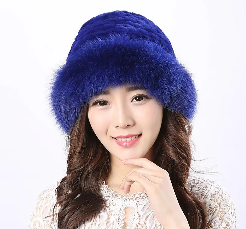 YCFUR Настоящий мех кролика шапка для женщин Зимняя теплая Толстая меховая повседневная женская шапка s шапочки с лисьим мехом - Цвет: blue