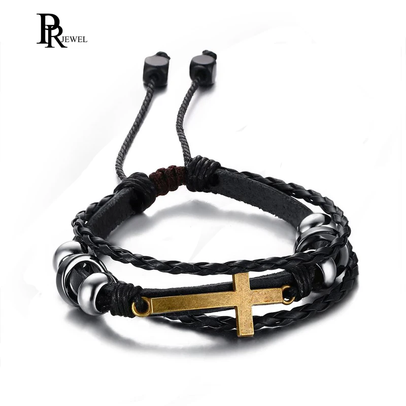Прямая, винтажный браслет из сплава коричневого, черного, золотого цветов, кожаный браслет с крестом, религиозный, христианский, многоканатный, регулируемый браслет