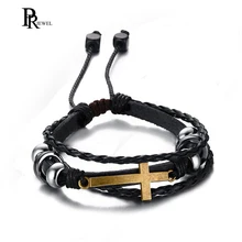 Прямая, винтажный браслет из сплава коричневого, черного, золотого цветов, кожаный браслет с крестом, религиозный, христианский, многоканатный, регулируемый браслет