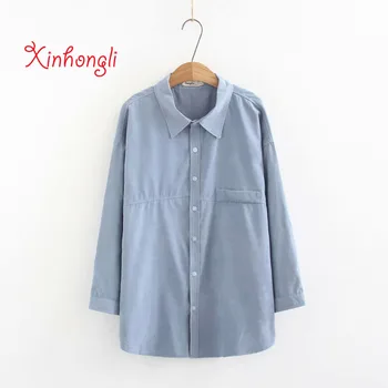 

Plus size thick cotton Fabric women blouse jacket 2019 Spring NEW casual ladies loose style shirts female sky-blue pink khaki