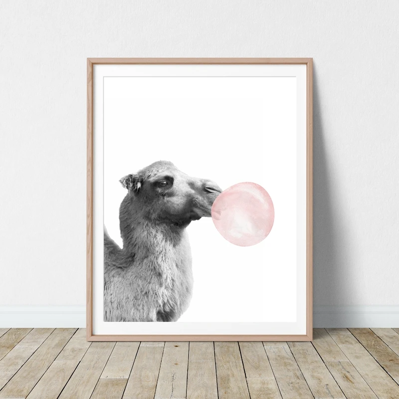 

Camel Canvas Poster Nursery Wall Art Print Pink Bubblegum Black and White Cute Animal Camel Painting Boho Children Room Decor