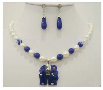 

Free Shipping>>>white Akoya Cultured pearl & blue Jades elephant pendant necklace earrings