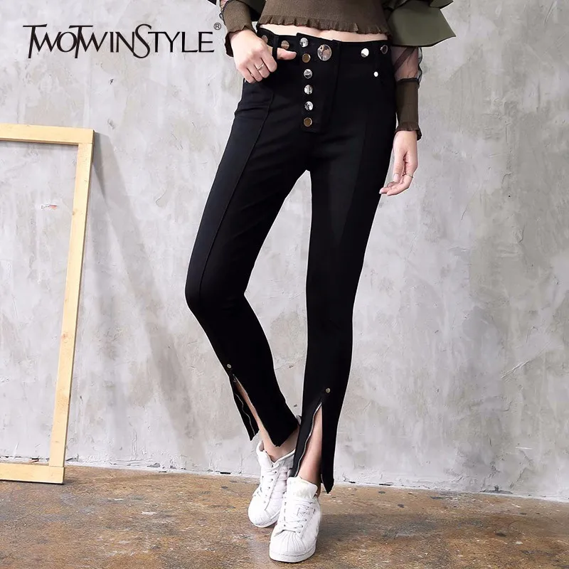 TWOTWINSTYLE Zipper Hem Denim Pencil Pants Women Legging Button High Wiast Jeans Skinny Ankle Length Trousers Basic Clothes Tide | Женская