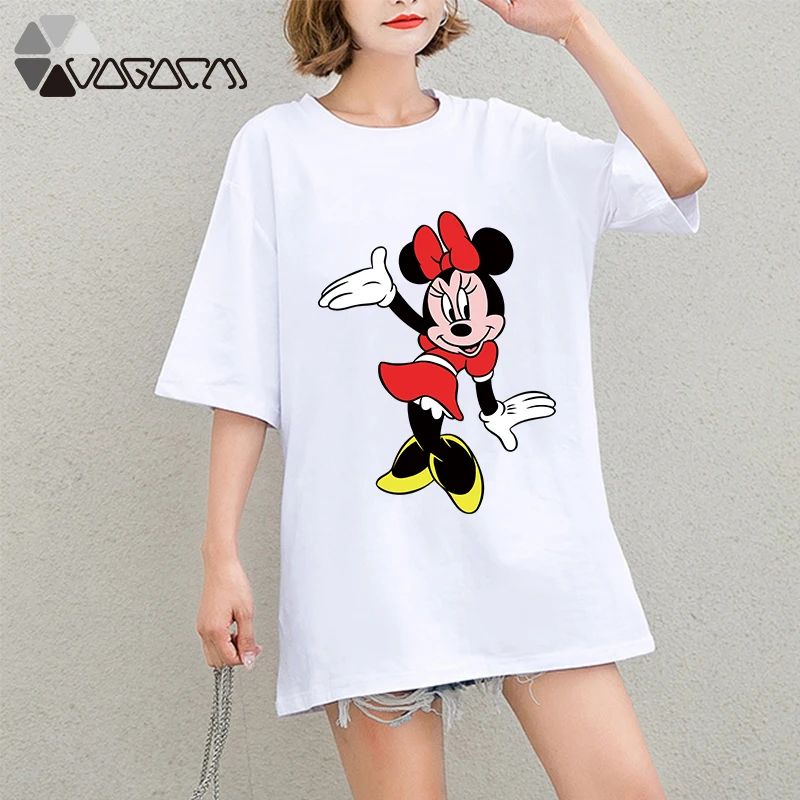 

Summer Clothes Women Minnie Mickey Mouse Print Tops Tee Short Sleeve White Fashion Loose Harajuku Cartoon Plus Size T Shirts