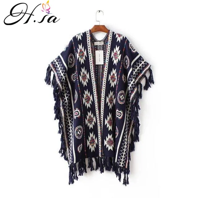 

H.SA Women Tassel Poncho New Oversized Knit Jumpers Vintage Gemertric Tassel Poncho Batwing Sleeve Loose Sweater Poncho Jacket