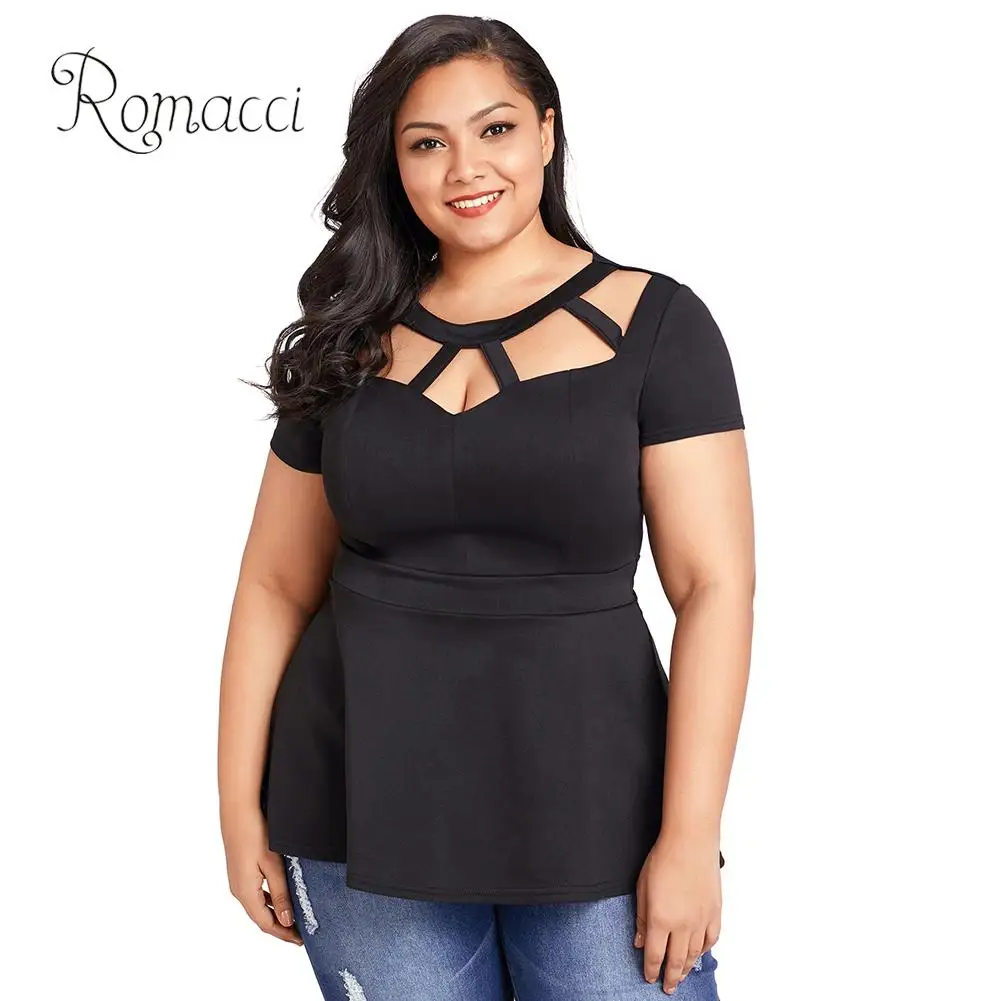 

Romacci XXXL XXXXL 4XL Plus Size Blouse Women Hollow Out Ruffle Hem Hollow Out Top Short Sleeve O-Neck Elegant Slim Pullover Top