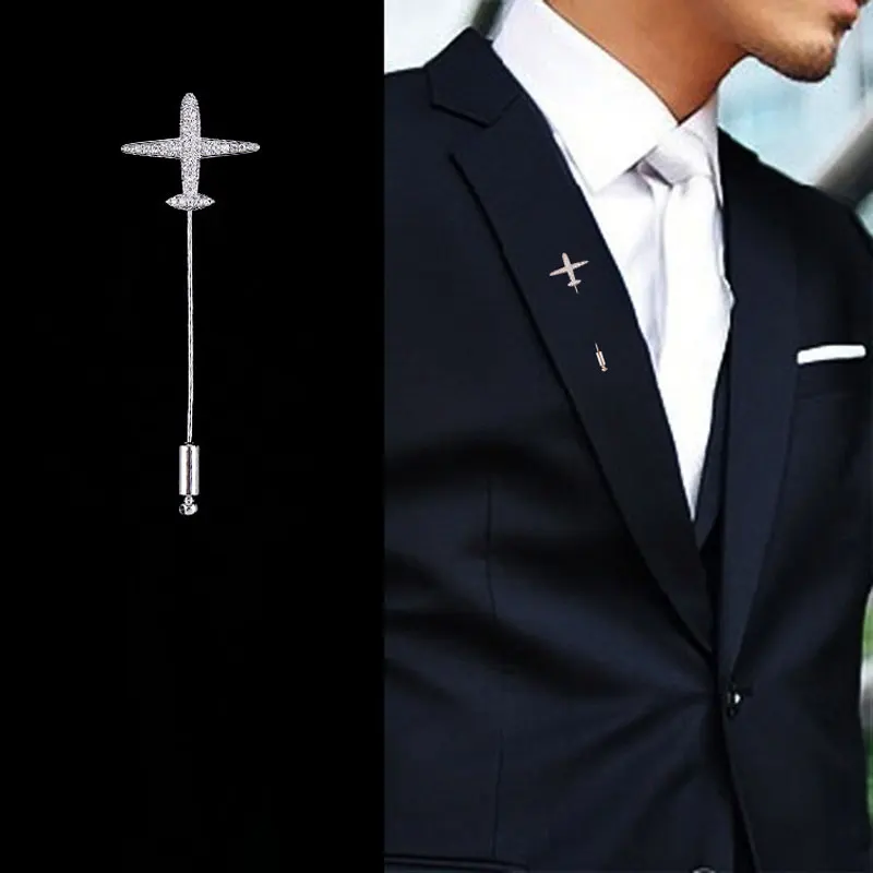 

CHUKUI Safety Brooch Pins Cubic Zirconia Airplane Brooches Pins For Clothes Men's Jewelry Silver Color Lapel Pin