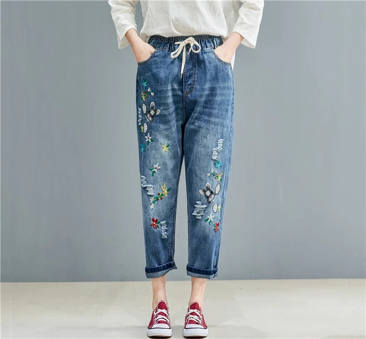 Vintage small fresh embroidery flower harem pants denim female 2019 spring | Женская одежда