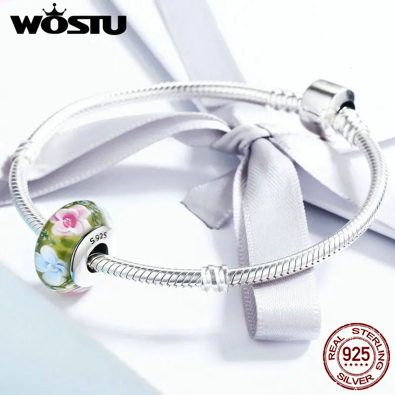 WOSTU, высокое качество, аутентичный, 925 пробы, серебряный, романтичный, розовый, из муранского стекла с изображением цветка, бисер, подходит для браслета, ювелирное изделие, подарок CQZ073