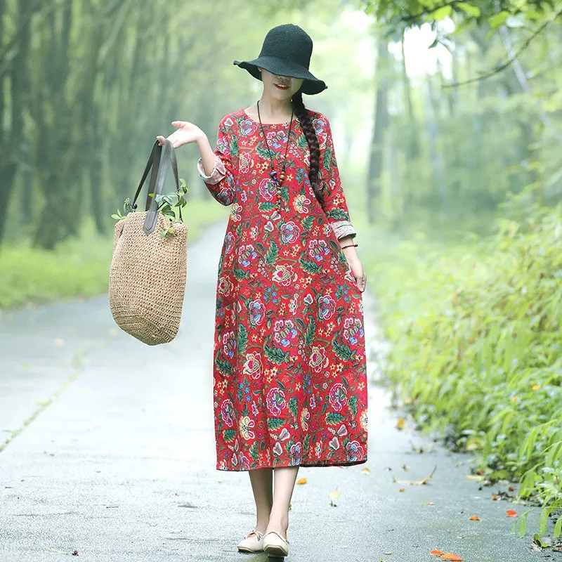 

Floral Cotton Linen Dress Vintage Print Autumn Women 2019 New Dress