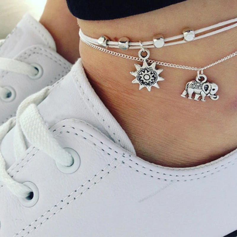 

Vintage Sun Elephant Pendant Anklets for Women Boho Double Layer Anklet Bracelets Foot Jewelry Accessorieselet Jewelry