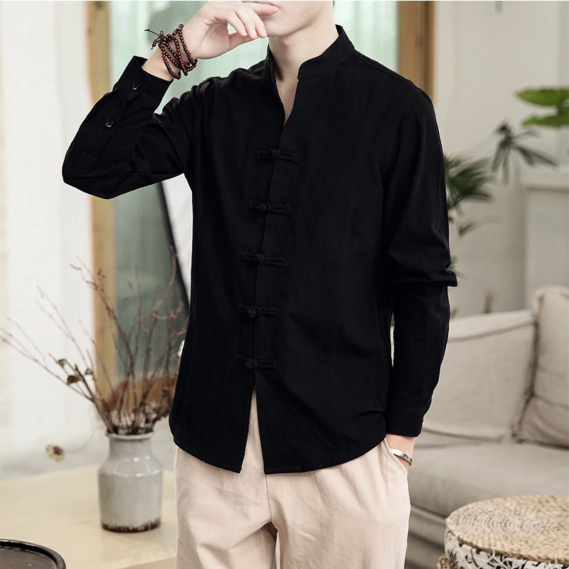 Sinicism Store Men Clothes Man Cotton Linen Casual White Shirts Long Sleeve Shirts Male Chinese Style Solid Shirts - Цвет: Black(Asian Size)