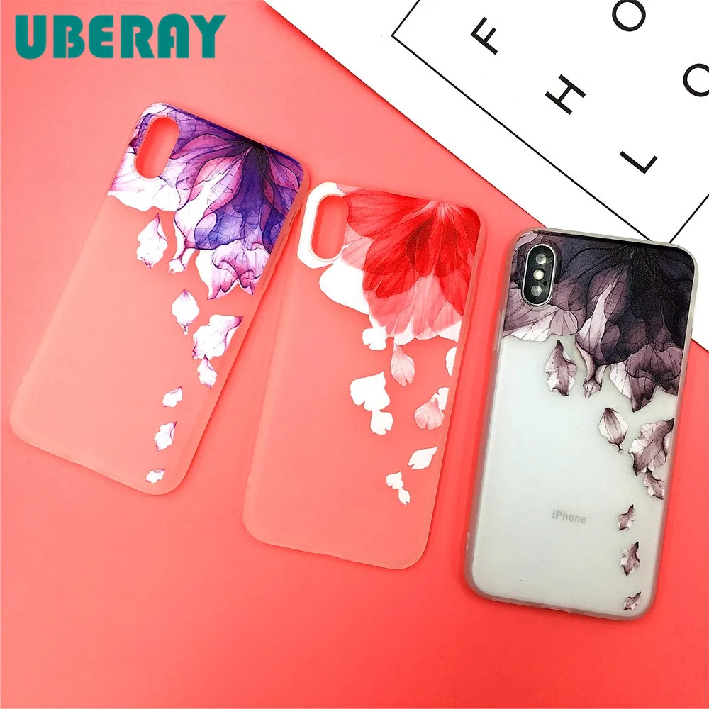 

UBERAY 3D Relief Case For Apple iPhone X 6 6S 7 8 Plus Cover Flower Soft Clear TPU Phone Case For iPhone 7 Plus Cell Film Capa