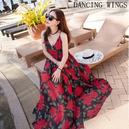 

Red Floral Print Sexy Spaghetti Strap V Neck Women Maxi Dresses Summer Backless Beach Long Vestidos Boho Dress
