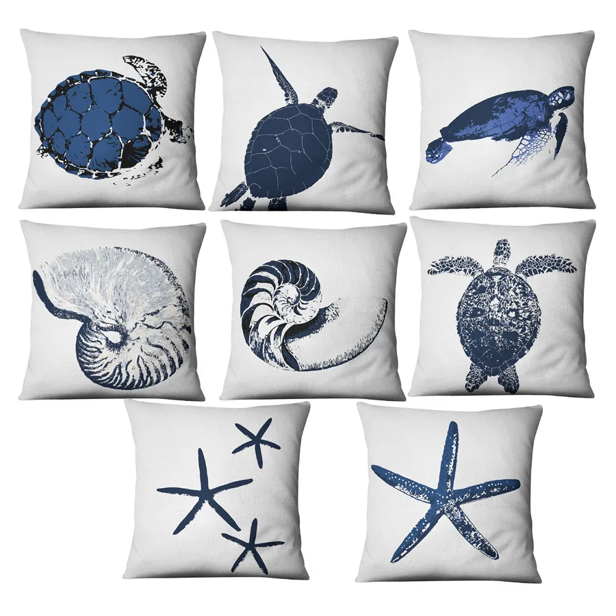 

Marinr Ocean Style Sea turtle Throw Pillow turtle Cushion Cover Home Decor Blue Printed Linen Square Home Decor Pillowcase