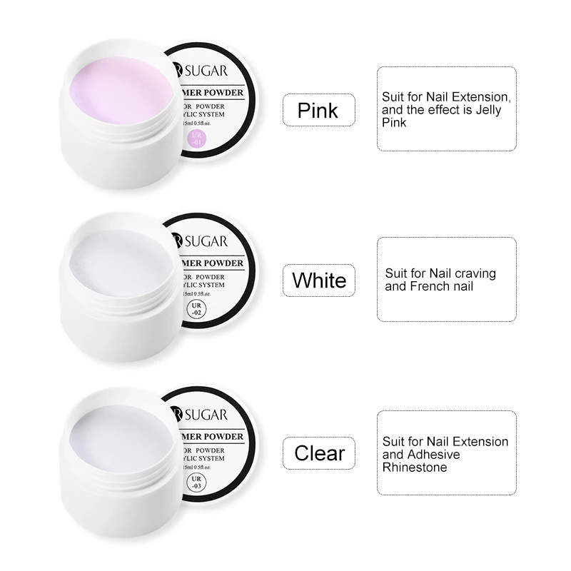 UR SUGAR 15ml Acrylic Powder Crystal Nail Art Tip Builder Transparent Powder Crystal Liquid Manicure Pink White Clear