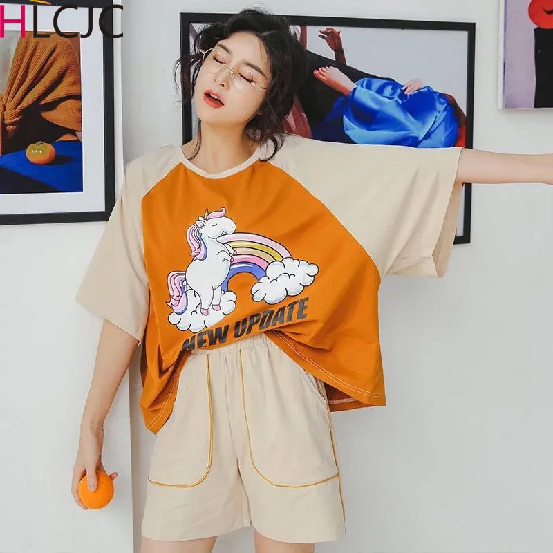 

Cute Unicorn Women Pajama Sets 2 Pieces Set Top + Shorts Loose Elastic Waist Shorts Lounge Pijama Comfortable Home Clothes