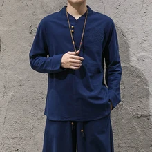 Men Autumn New 2 Pieces (tee+trousers) Cotton Linen Long Sleeve T-Shirt Male Loose Casual Tees Shirts Big Size M-5XL