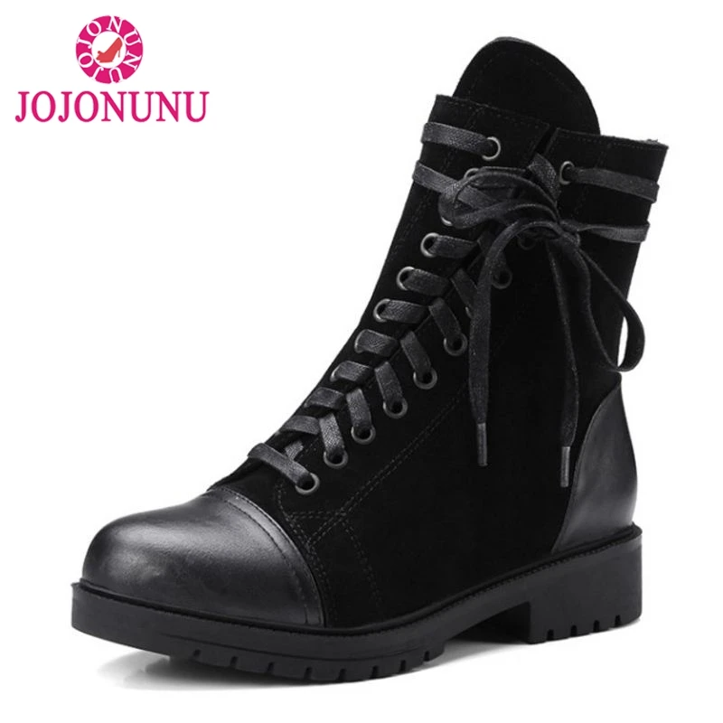 

JOJONUNU Size 34-43 Women Genuine Leather Boots Female Lace Up High Heel Half Short Botas Round Toe Cross Strap Footwear