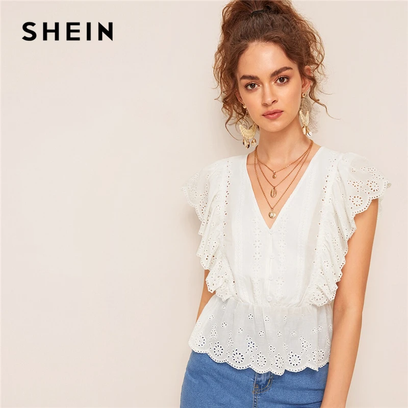 SHEIN женская блузка с пуговицами спереди и рюшами, модель года, летняя однотонная блузка белого цвета в стиле бохо с v-образным вырезом и вышивкой