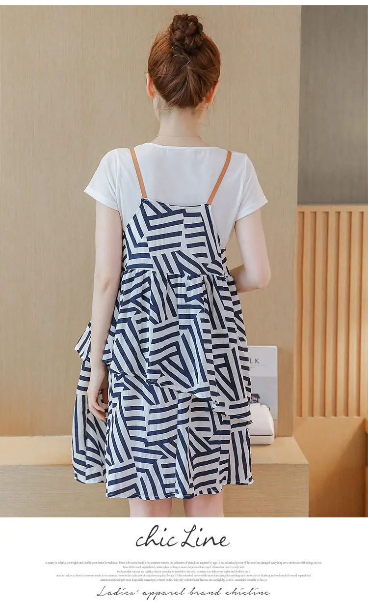 Maternity Suits 2018 Summer Geometric Stripe Pattern Strap Dress + Short-sleeved T-shirt  Clothes for Pregnant Women QL8808