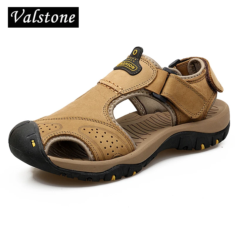 

Valstone Top Quality Genuine leather Sandals Men summer natural leather slippers Toe Cap flats Rubber sole shoes hombre sizes 46