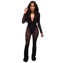 ZJFZML Women Mesh Jumpsuits Sexy V Neck Striped See Through Patchwork Long Bodycon Rompers Full Sleeve Nightclub Overalls Femme