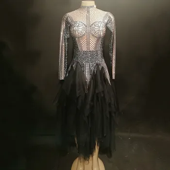 

Women's Crystals Mesh Dress Sexy Rhinestones See Through Stretch Stage Dance Wear Evening Celebrate Fringes Dresses Costume DJ