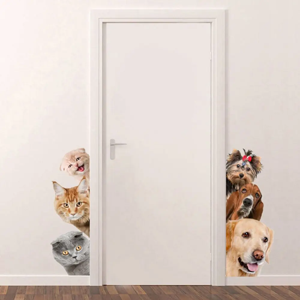 Lucu Lucu 3D Kucing Anjing Pintu Stiker Dinding Removable Ruang
