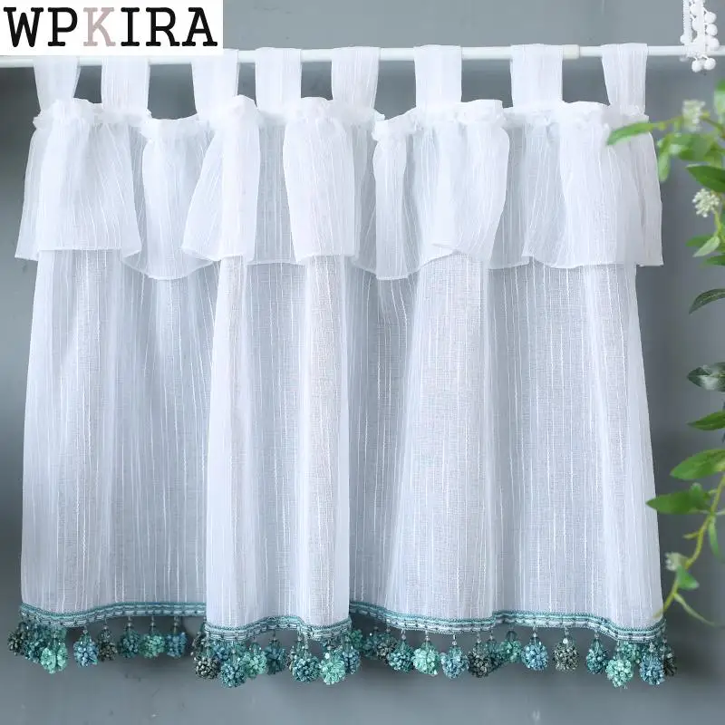 

white Short Tulle Curtains for Kitchen Finished green Floating beads Tulle Sheer Curtain Rod Pocket for Cabinets Short QT040&30