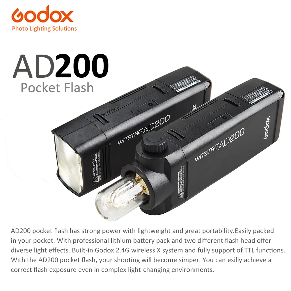 

Godox AD200 Pocket Speedlight Flash Mini TTL Speedlite GN52 GN60 HSS 2.4G WirelessX System 200W for Nikon Sony Canon EOS Cameras