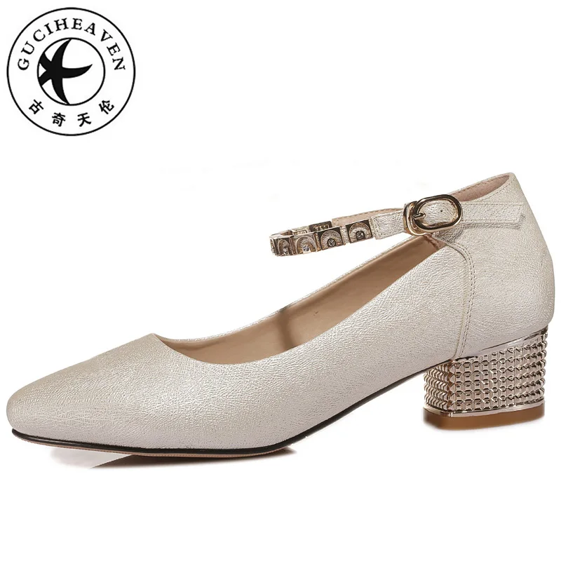 

Guciheaven Ladies Shallow Pumps Women Office Dress Shoes Crystal Buckle Ankle Strap Thick Med Heels 4cm Metal Pointed Toe