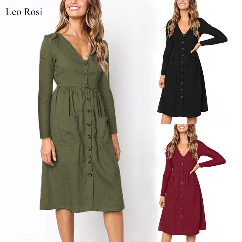 

Leo Rosi 2019 loose Dress 2019 Office Lady O-Neck Button Long Shirt Dress Women Autumn Summer Long Sleeve Dress DT12