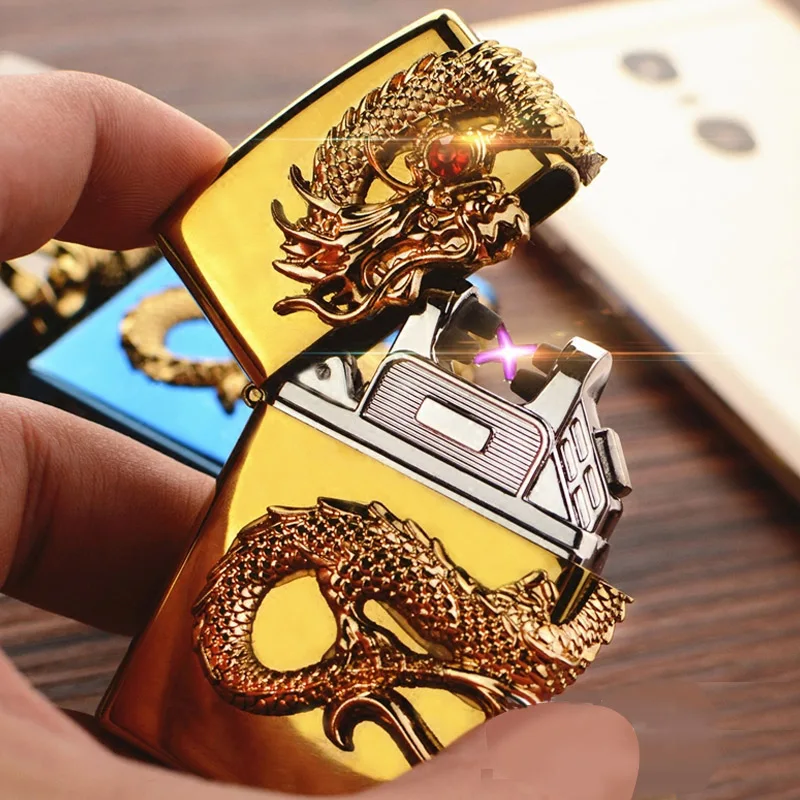 

2017 USB Electronic Lighters Metal Dragon Carving Pulse Dual Arc Charging Gravity Windproof Rechargeable Flameless Cigar Lighter