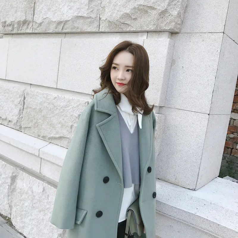 

Casual Solid Women Long Winter Wool Blend Coat Loose Pockets Wool Coat and Jacket Double Breasted Turn-down Collar Outerwear