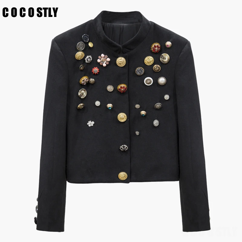 

Autumn Style Different Buttons Jackets Women Black Jacket Stand Neck Straight Long Sleeve Slim Jacket Coat casaco feminino