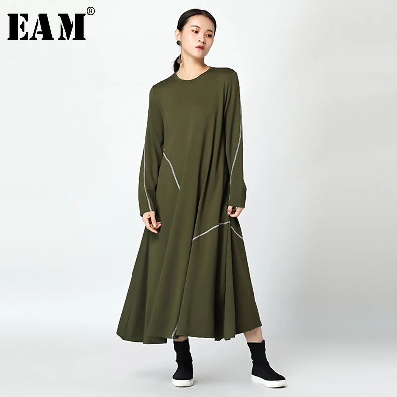 

[EAM] Women Long Gray Green Dress New Round Neck Long Sleeve Line Stitch Loose Fit Fashion Tide Spring Autumn 2019 JY737
