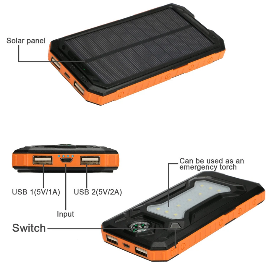Power Bank 20000mAh Солнечное водонепроницаемое двойное usb-зарядное устройство для смартфона Внешняя батарея зарядное устройство для iPhone Xiaomi samsung