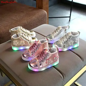 

2018 New Children Led Shoes For Baby Girls Toddler Girl Flower Shoes With Zip Princess Sneakers Girls LED Luminous Sneakers