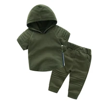 Комплект одежды с капюшоном для маленьких детей, однотонный спортивный костюм для мальчиков и девочек, 2 предмета, Детская летняя одежда, повседневная одежда для мальчиков с короткими рукавами